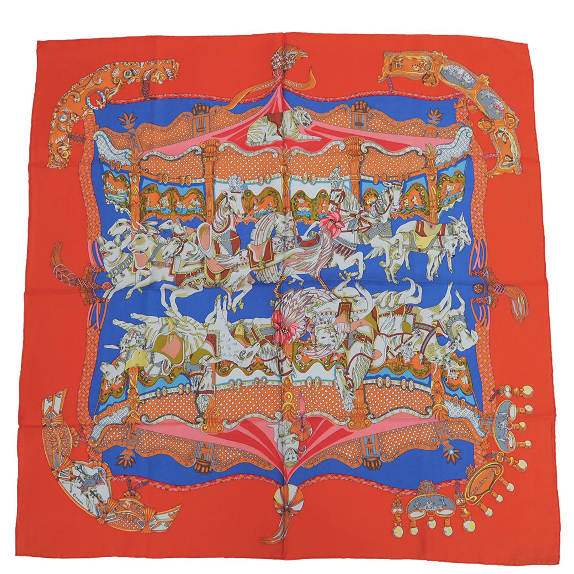 Hermes Carre 90 Tournez Manege Merry-Go-Round Orange X Light Blue Scarf Muffler
